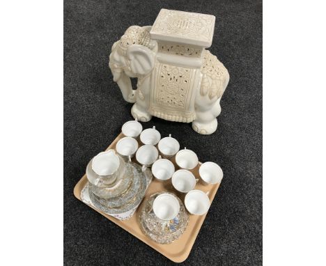 A tray of Royal Standard bone china tea service, part Colclough tea service and a pottery elephant plant stand 