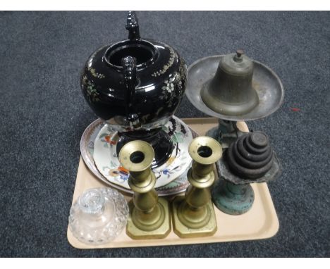 A tray of part china samovar, kitchen scales with weights, brass candlesticks, bell etc 