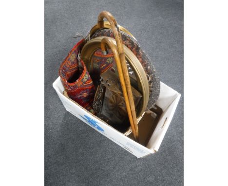 A box of two walking sticks, antique inlaid fret wall shelf (a/f), prayer rug, two gilt framed mirrors etc 