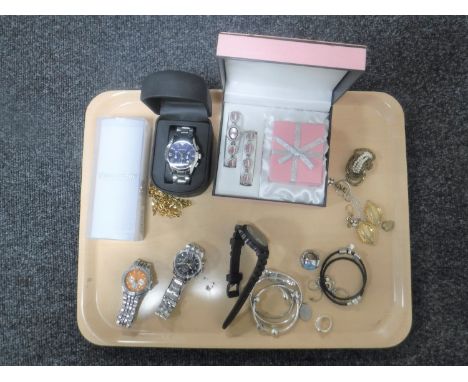 A tray of costume jewellery, bracelets stamped 925, three watches (Tissot, Fossil and Breil), gold plated chain and ring, rin