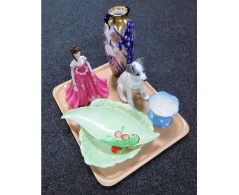 A tray of Royal Doulton gilded vase, Coalport ladies of fashion - Diana, Russian figure of a terrier, two Carlton ware fishes