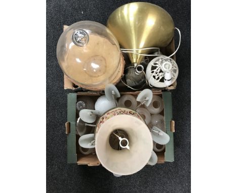 Two boxes of lamps, light fittings, light shades, etc and a glass topped cake stand 