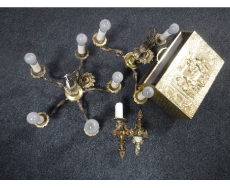 A gilt metal five way light fitting, matching three way light fitting and pair of wall lights and a brass embossed mag rack 