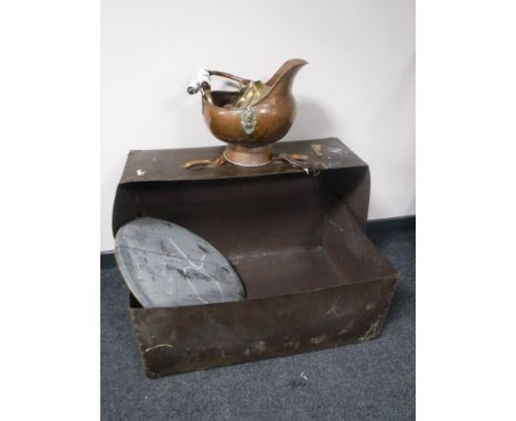 A vintage leather case containing oak barrel lid, copper coal scuttle and teapot 