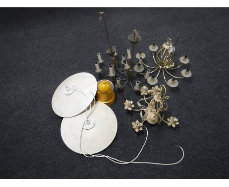 Four continental metal chandeliers and three metal light fittings 