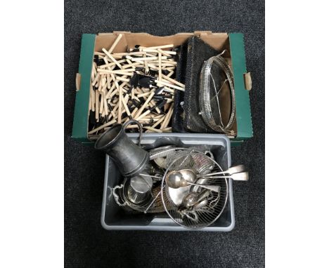 Two boxes of 20th century plated ware, cutlery, a collection of miniature garden tools 