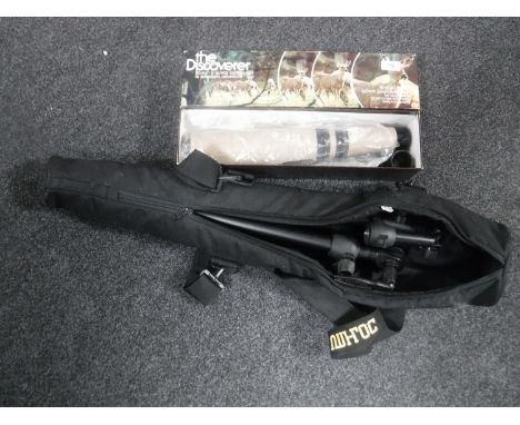 A Discover 60mm spotting scope in box, a Tennis extendable spotting scope pole and a Uni Lock camera tripod in bag 