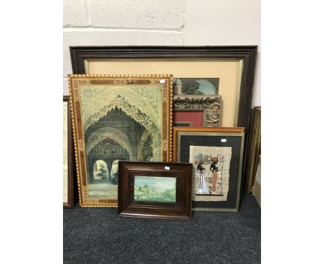 Five assorted framed prints and a lacquered eastern wooden panel 