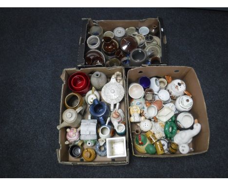 Three boxes of assorted china, glazed stone pots, Denby teapot etc 