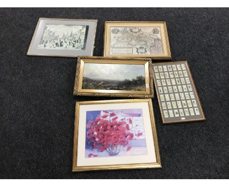 A 20th century gilt framed oil on panel - landscape, a set of framed golfer cigarette cards, Roman map of Europe, L.S. Lowry 