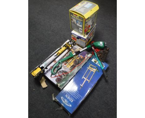 A boxed Paddy Hopkirk bike rack, folding garden easel, Powercraft patio and wall cleaner, wall paper stripper, garden tools e