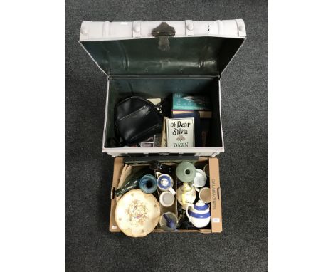 A painted tin trunk containing books, box of soda syphon, Hornby OO carriage etc 