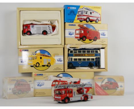 Corgi Classics Limited Edition Diecast Fire Engine models with certificates, & a Karrier Trolley bus, boxed (10)   Condition 