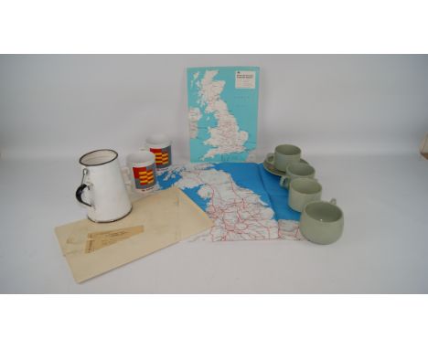 BR Eastern Region Railway Map, 1964 New Street train timetable, two Railfreight mugs, Intercity cups & saucer and an enamel t