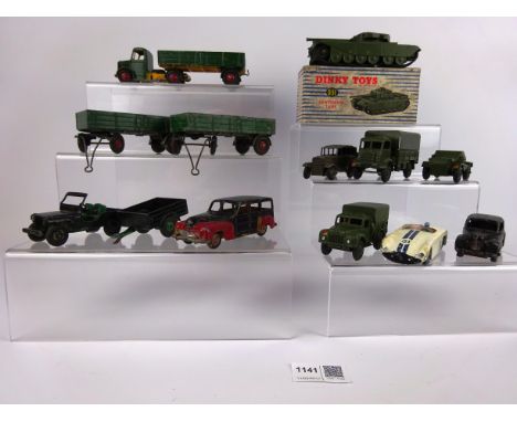 Dinky Diecast model Centurian Tank 651, boxed: Army 1 ton Truck, Army Wagon, Cunningham  C-5R and eight other unboxed Dinky m