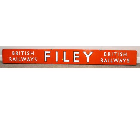 Rare 'Filey' enamel Railway Station long sign, white letters with black outline on a red ground, W290, H30cm   Condition Repo