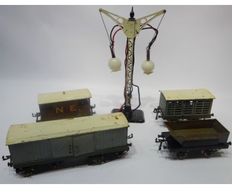 Hornby tinplate Rolling Stock: No2 luggage van, rotary tipper, milk wagon, NE van, and  double lamp standard in boxes (5)   C
