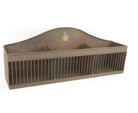 NER wall mounted Ticket rack, shaped back with plaque and three compartments, W53cm, D10cm, H20cm   Condition Report   Click 