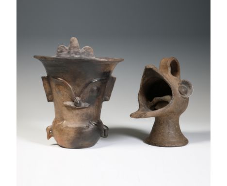 Mexico, two antique terracotta pots, probably Mayan one in the shape of an anthropomorphic figure and a pot with handle in th
