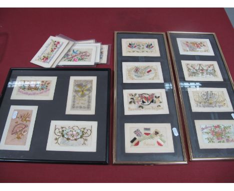 Twenty Four WWII Silk Postcards, (twelve contained in three frames), including: R Warwickshire Reg, Flags of the Allies, Good