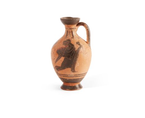 ATTIC BLACK-FIGURE LEKYTHOS ATTICA, 550 - 500 B.C. painted terracotta, with a strap handle and sitting on a ring base, decora