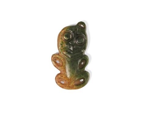 HEI-TIKI PENDANT NEW ZEALAND nephrite, the ornament with carved features, the subtly head angled and arms shown held towards 