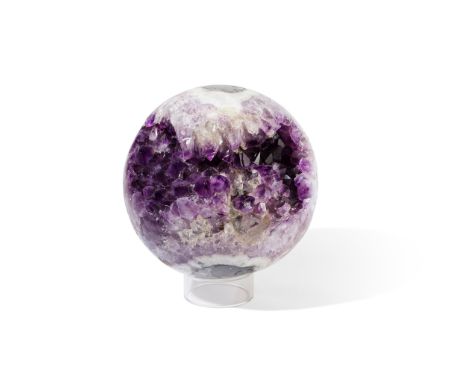 LARGE AMETHYST SPHERE  BRAZIL presented on a bespoke mount, a natural cavity exposing the crystals within (Dimensions: 20cm d