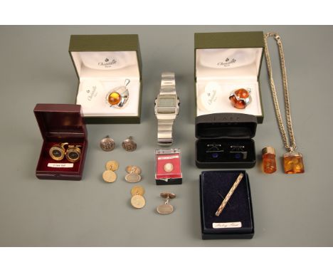 A Casio illuminator gent's wristwatch, various cuff-links, various pendants, tie-pin, two boxed Christofle heart shaped paper