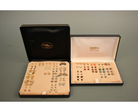 A selection of various gem stone stud earrings in a box, a selection of yellow metal, silver, pearl style stud earrings in a 