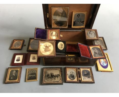 A box containing various Victorian portrait photographs, many ambrotype in union cases. IMPORTANT: Online viewing and bidding