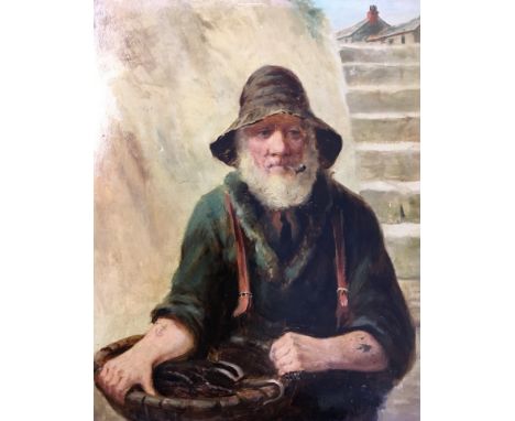 Framed oil on board in the style of D.W. Haddon, fisherman smoking pipe and holding basket, 32cm x 26cm. IMPORTANT: Online vi