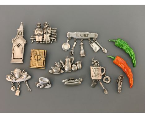 Nine Jonette pin brooches, some with hanging charms, with three pin badges, including peppers, le chef, tea, coffee and dough