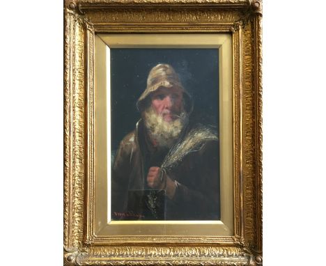 D.W. HADDON. Framed, signed oil on board, portrait of fisherman smoking pipe and holding net, 38cm x 24cm. IMPORTANT: Online 