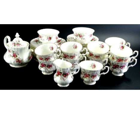 A Royal Albert Lavender Rose pattern part tea service, to include a small teapot and cover.