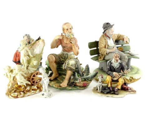 Various Capodimonte and other figures, to include a tramp on a table, an old fisherman with a pipe, a gentleman stamp collect