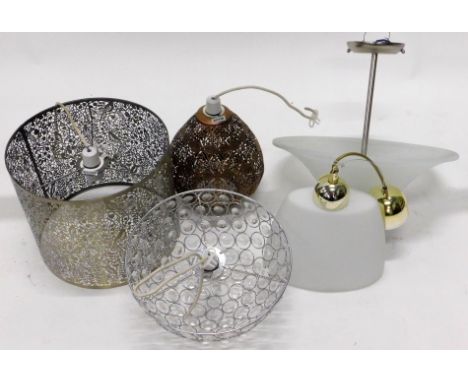 *A quantity of as new hanging light shades, to include a frosted glass example, copper type lantern etc. (5)