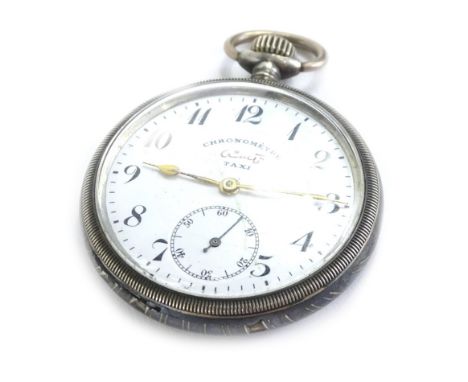 A Middle Eastern chronometer white metal pocket watch, with white enamel dial and seconds hand, with black and silver back, a