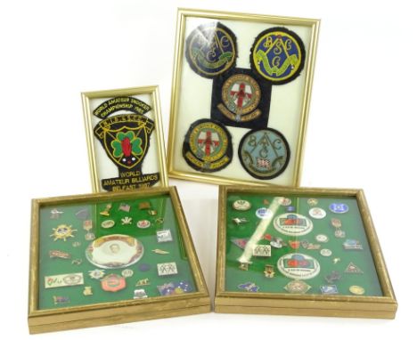 Various cloth badges etc, relating to amateur snooker or billiards tournaments, mainly for Northern Ireland, various enamel b