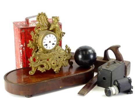 Bygones, collectables, late 19thC gilt metal mantel clock, block plane, carpet bowl, petrol can etc. (a quantity)