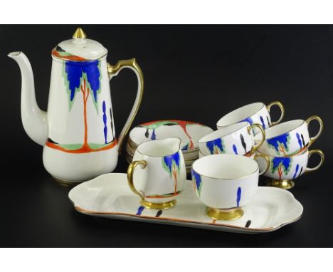 A composite Art Deco style tea set, decorated in the Clarice Cliff manner with trees, landscapes etc., some pieces stamped Sa