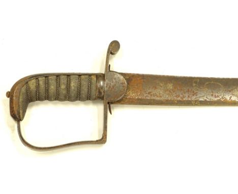 An early 19thC British Infantry sword, with a curbed blade, the blade engraved with flowers, royal crest and GR etc., with sh