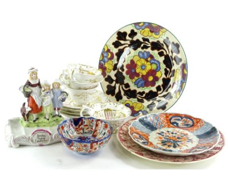 A collection of ceramics, to include Victorian Davenport cups and saucers, Imari bowl, Royal Doulton Art Deco style plates et