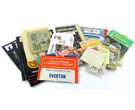 A collection of football programmes etc., to include a 1939 FA Cup Final ticket and others, a community singing sheet for the