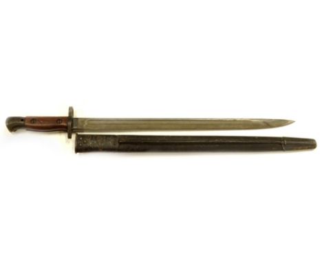 A first world war bayonet, with a part mahogany handle and leather scabbard, with ebonised metal mounts, 58cm L.