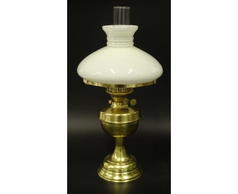A Veritas Duplex brass oil lamp, with opaque white glass shade and clear glass chimney, 55cm H.