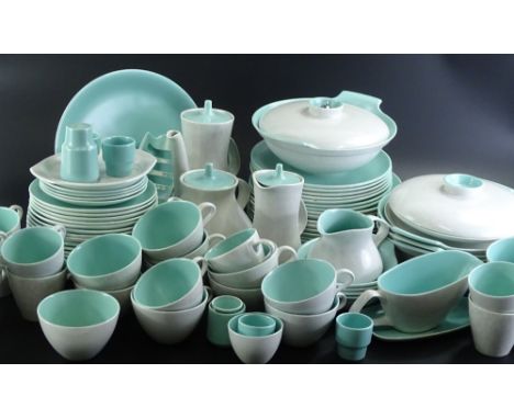 A large quantity of Poole grey and turquoise two tone dinner ware, to include coffee pot, teapot, toast rack, cups and saucer