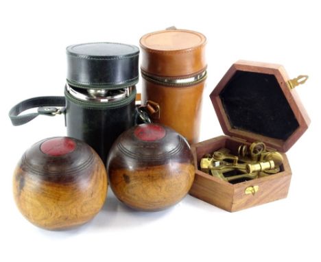 Bygones collectables, small Sexton, plated travel decanter set in leather case, 21cm H, another similar etc. (a quantity)