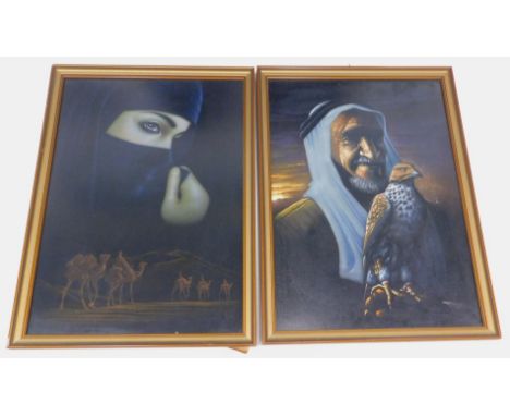 Middle Eastern School.  Arab figure with hawk and portrait of a lady beside camels, pastel, a pair, 71cm x 50cm.