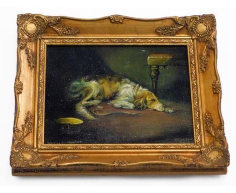 Reg Alan. Waiting for Master, portrait of a spaniel, oil on board, signed and dated 2008, 18cm x 24cm.