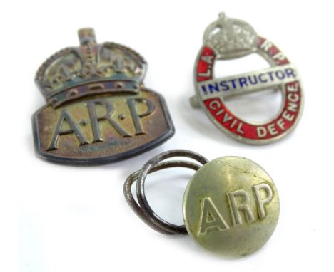 A silver ARP badge, a small button and an L.A.R.P. instructor Civil Defence enamel badge. (3)